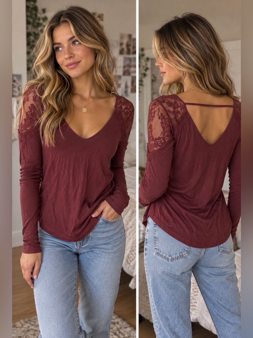 American Eagle Soft & Sexy Burgundy Floral Lace Shoulder V Neck Top XS - Picture 3 of 11